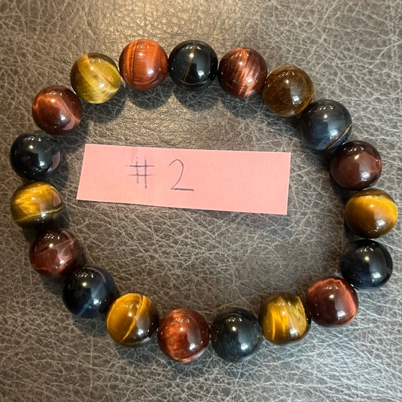 Triple Tigers Eye Stretch Bracelet Yellow Red Blue Tigers Eye Bracelet 14mm Bead - Picture 7 of 10